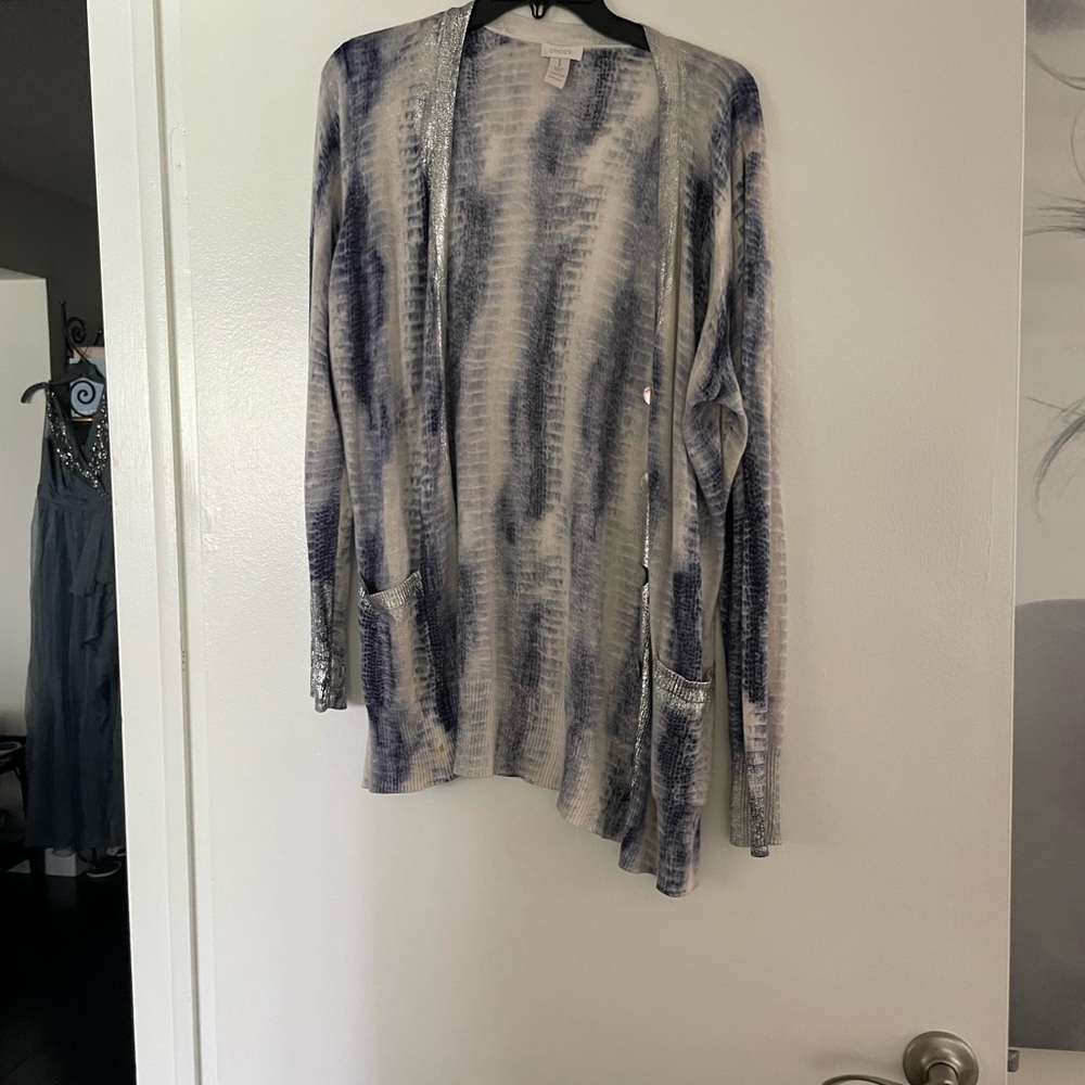 Chico's Blue and Cream Cardigan Sweater in size 1 (med)